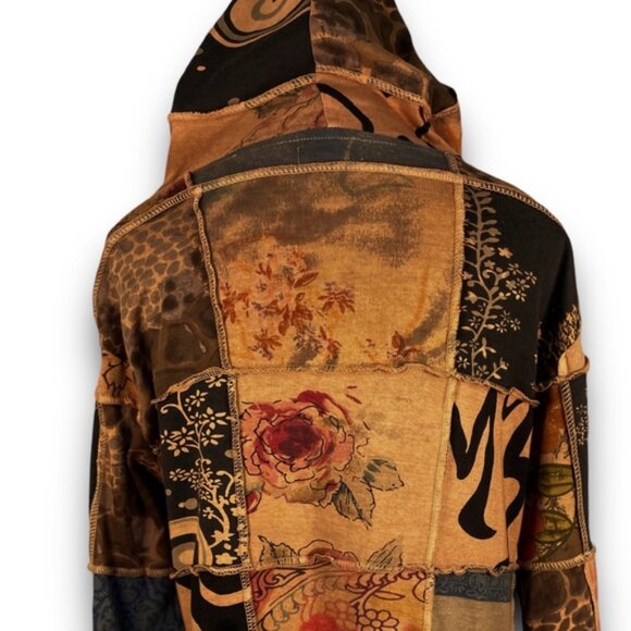Boho Hoodie Patchwork Hooded Cardigan Cotton Zip Sweater Exposed Seam Earthtones - Picture 5 of 16